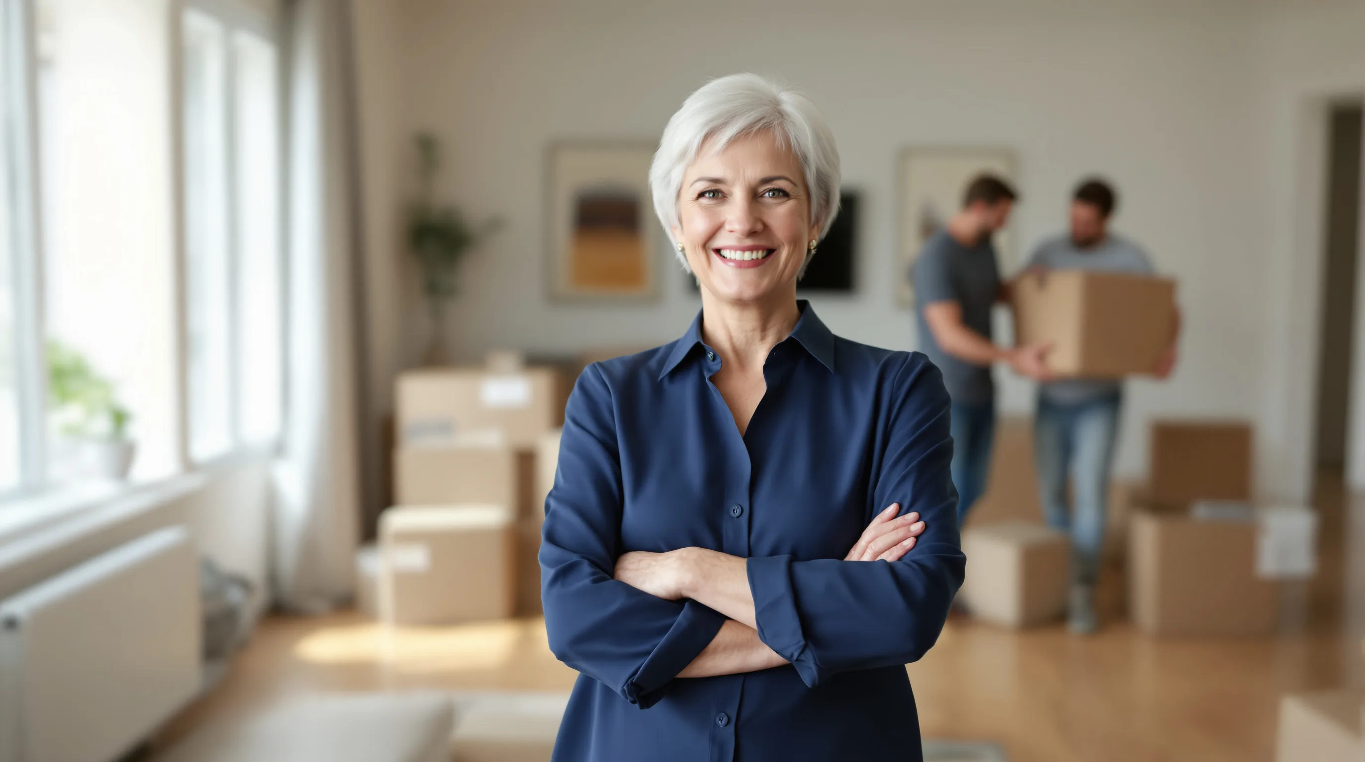Happy senior woman smiling while movers help with her move